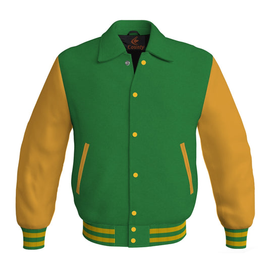 Letterman Varsity Classic Jacket Green Body and Gold Leather Sleeves