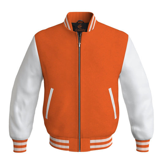 Team Varsity Jackets Orange Body and White Leather Sleeves Bomber Jacket