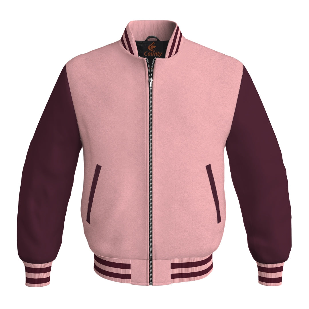 Varsity Jacket Mens Pink Body and Maroon Leather Sleeves Bomber Jacket