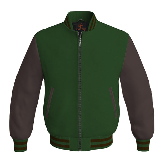 Varsity Jacket Mens Forest Green Body and Brown Leather Sleeves Bomber Jacket