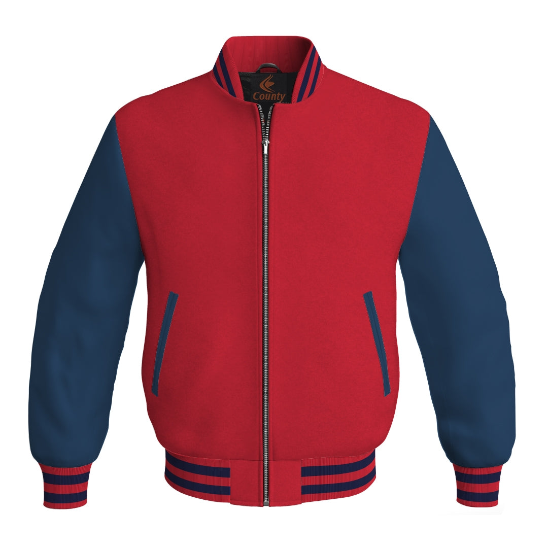 Varsity Jacket Red Body and Navy Blue Leather Sleeves Bomber Jacket