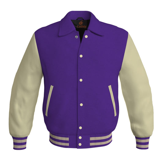 Letterman Varsity Classic Jacket Purple Body and Cream Leather Sleeves