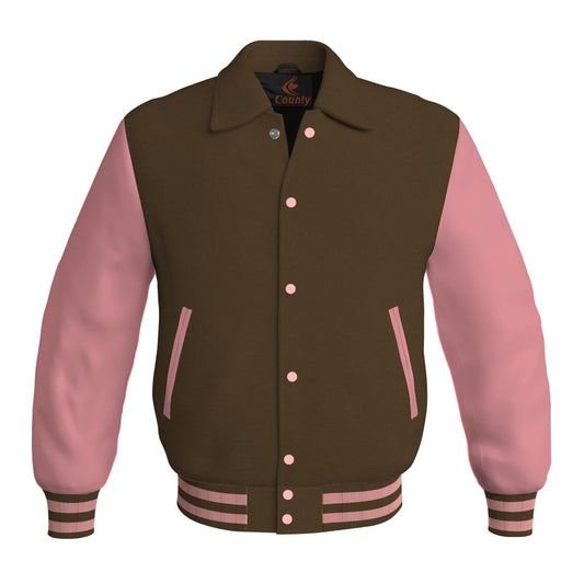 Letterman Varsity Classic Jacket Brown Body and Pink Leather Sleeves