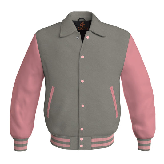 Letterman Varsity Classic Jacket Gray Body and Pink Leather Sleeves