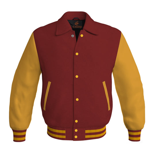 Letterman Varsity Classic Jacket Maroon Body and Gold Leather Sleeves