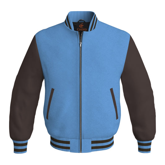 Varsity Jacket Mens Sky Blue Body and Brown Leather Sleeves Bomber Jacket