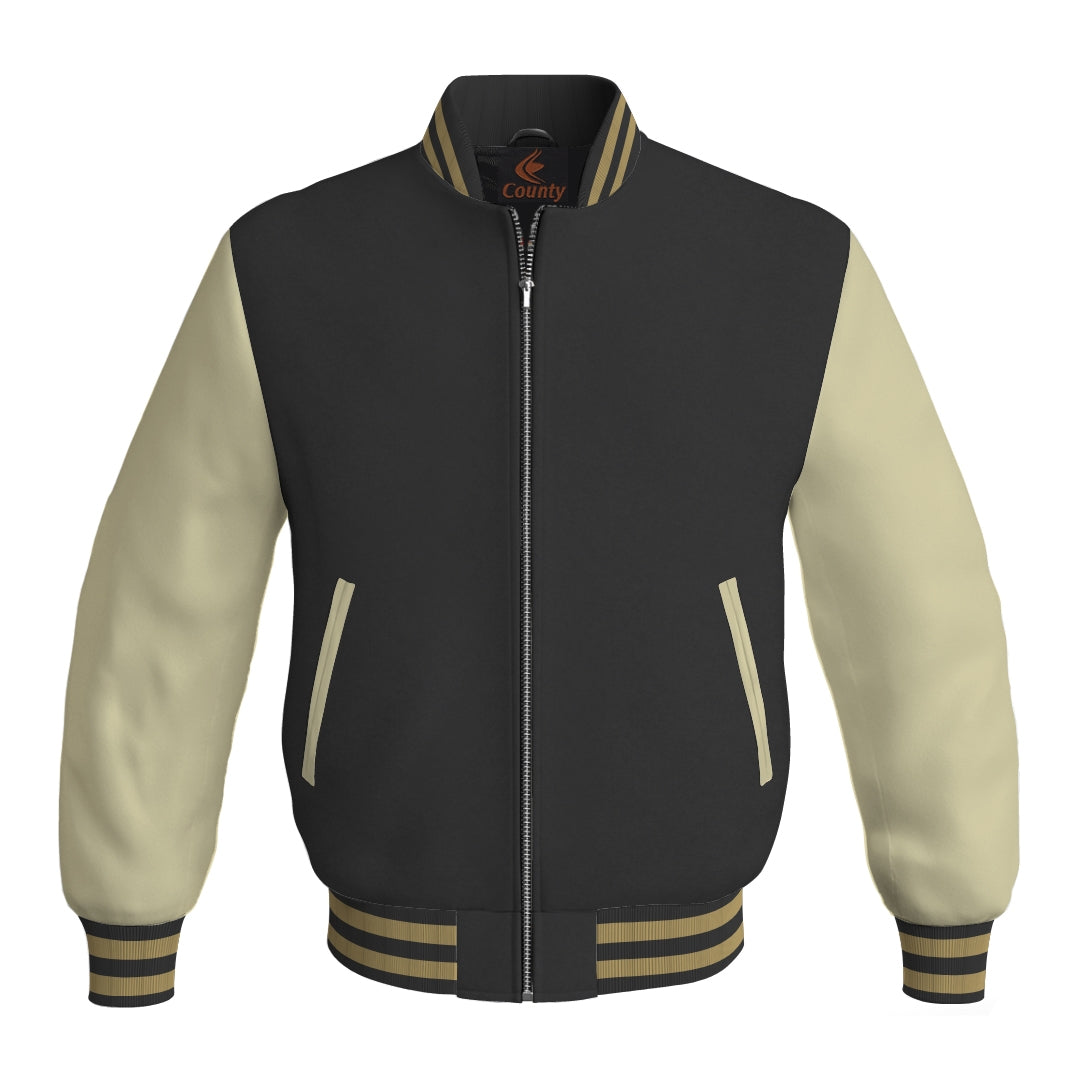 Varsity Jacket Black Body and Cream Leather Sleeves Bomber Jacket