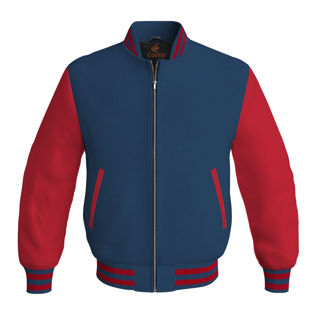 Varsity Jacket Mens Navy Blue Body and Red Leather Sleeves Bomber Jacket