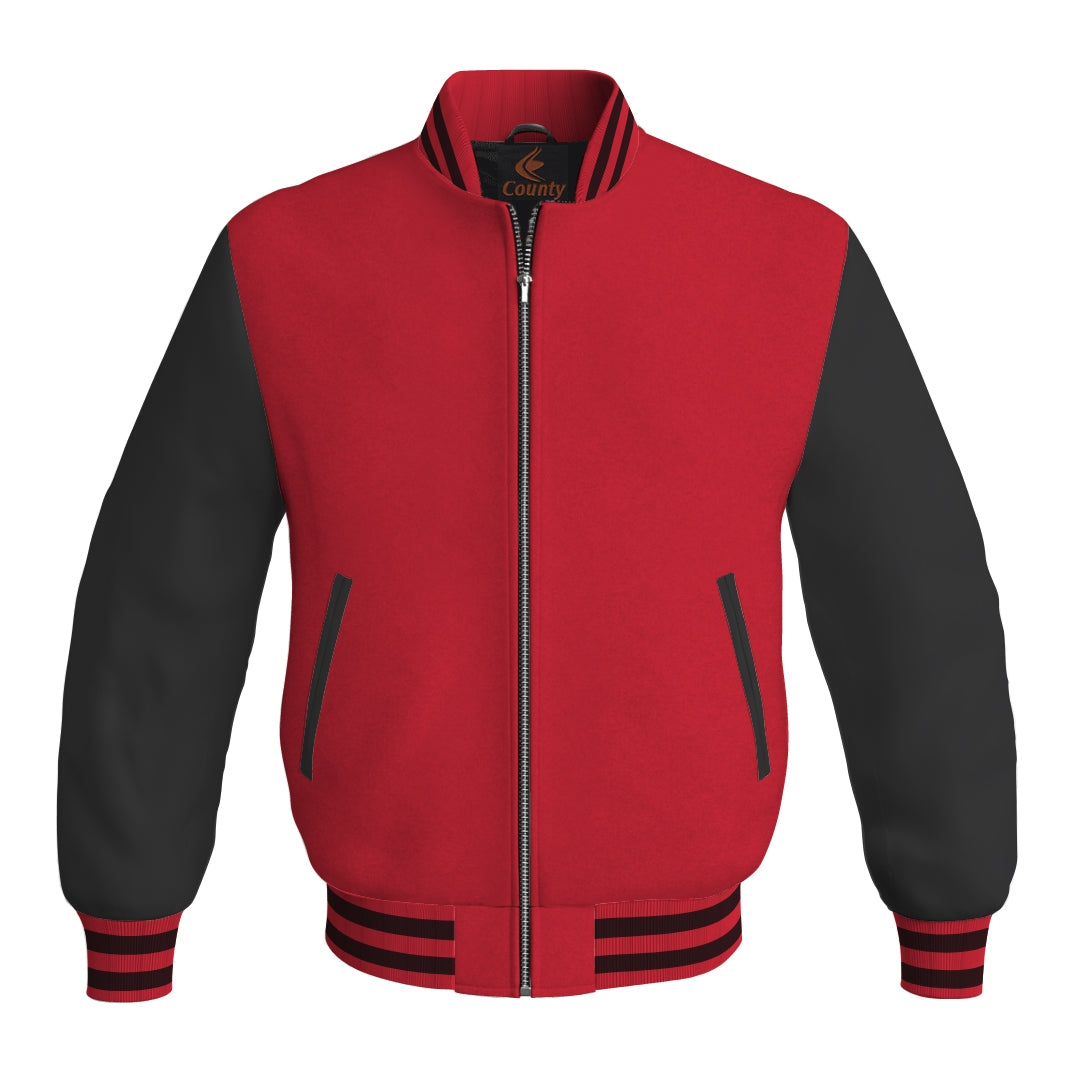 Ladies Varsity Jacket Red Body and Black Leather Sleeves Bomber Jacket