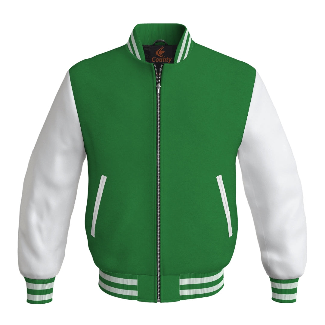 Team Varsity Jackets Green Body and White Leather Sleeves Bomber Jacket