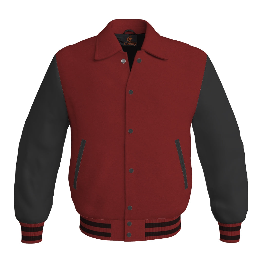 Letterman Varsity Classic Jacket Maroon Body and Black Leather Sleeves