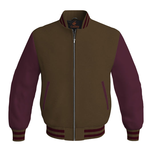 Team Varsity Jackets Brown Body and Maroon Leather Sleeves Bomber Jacket