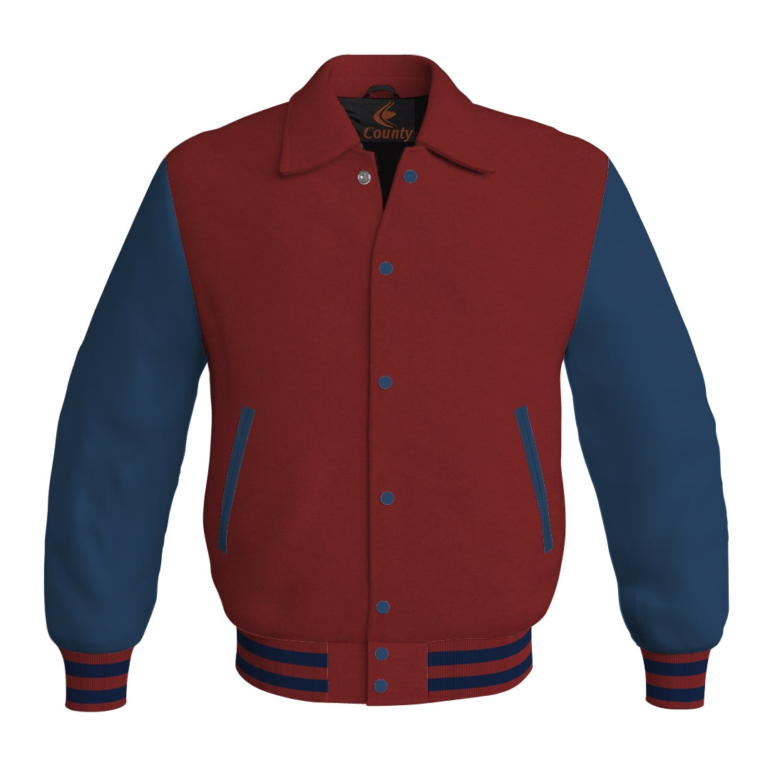 Letterman Varsity Classic Jacket Maroon Body and Navy Blue Leather Sleeves