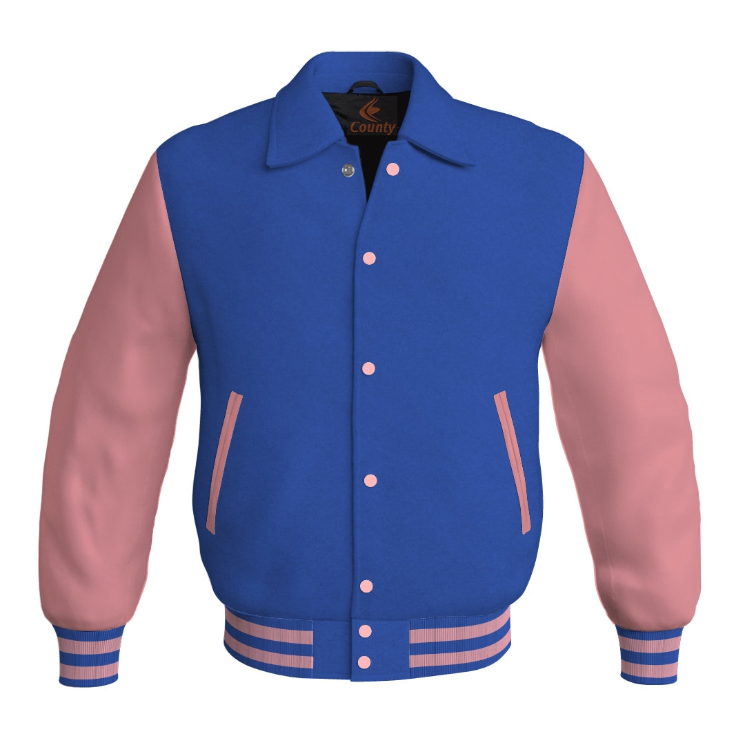 Letterman Varsity Classic Jacket Blue Body and Pink Leather Sleeves