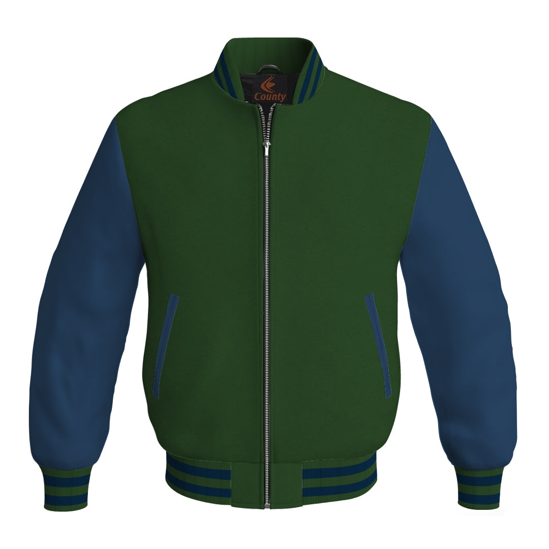 Varsity Jacket Mens Forest Green Body and Navy Blue Leather Sleeves Bomber Jacket