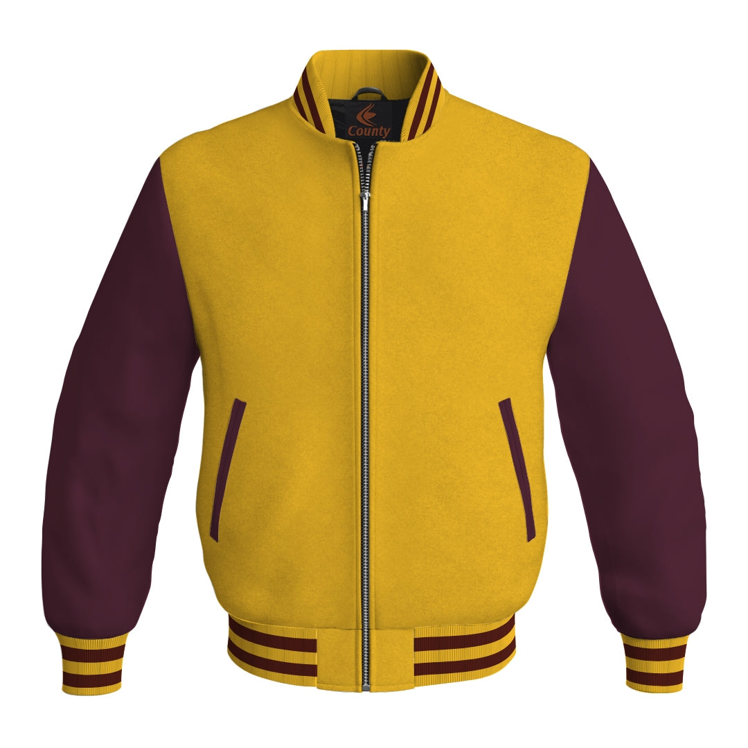 Varsity Jacket Yellow/Gold Body and Maroon Leather Sleeves Bomber Jacket