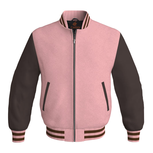 Personalized Varsity Jacket Pink Body and Brown Leather Sleeves Bomber Jacket