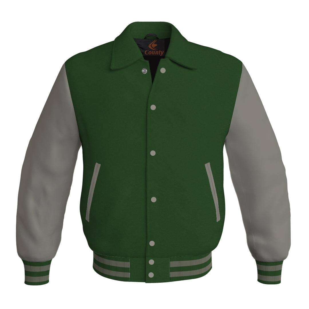 Letterman Varsity Classic Jacket Forest Green Body and Gray Leather Sleeves