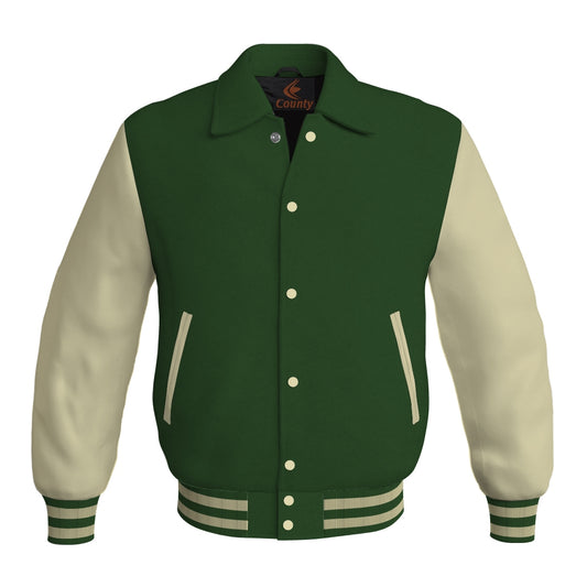 Letterman Varsity Classic Jacket Forest Green Body and Cream Leather Sleeves