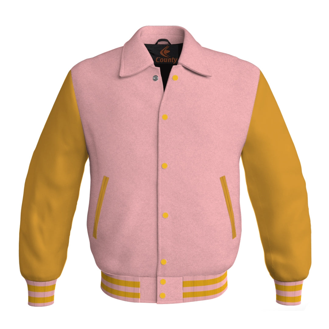 Letterman Varsity Classic Jacket Pink Body and Gold Leather Sleeves