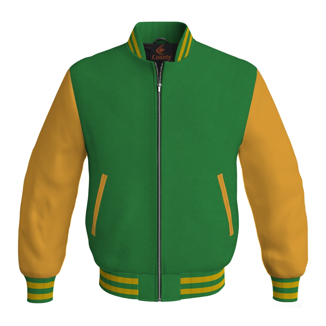 Bomber Jacket Women Green Body and Gold Leather Sleeves Bomber Jacket