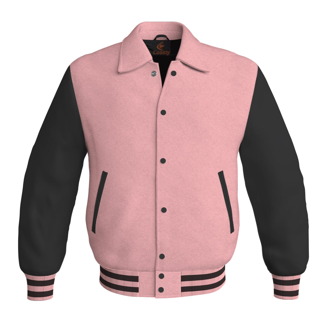 Letterman Varsity Classic Jacket Pink Body and Black Leather Sleeves