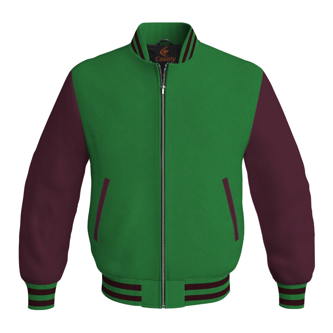 Team Varsity Jackets Green Body and Maroon Leather Sleeves Bomber Jacket