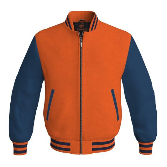 Varsity Jacket Mens Orange Body and Navy Blue Leather Sleeves Bomber Jacket