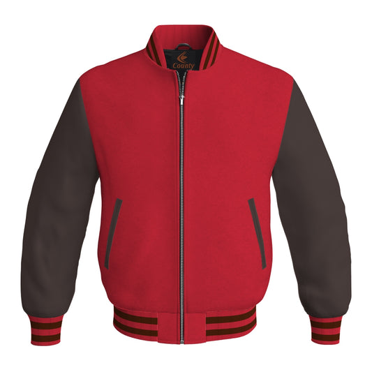 Varsity Jacket Mens Red Body and Brown Leather Sleeves Bomber Jacket