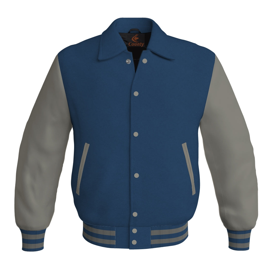 Letterman Varsity Classic Jacket Navy Blue Body and Gray Leather Sleeves