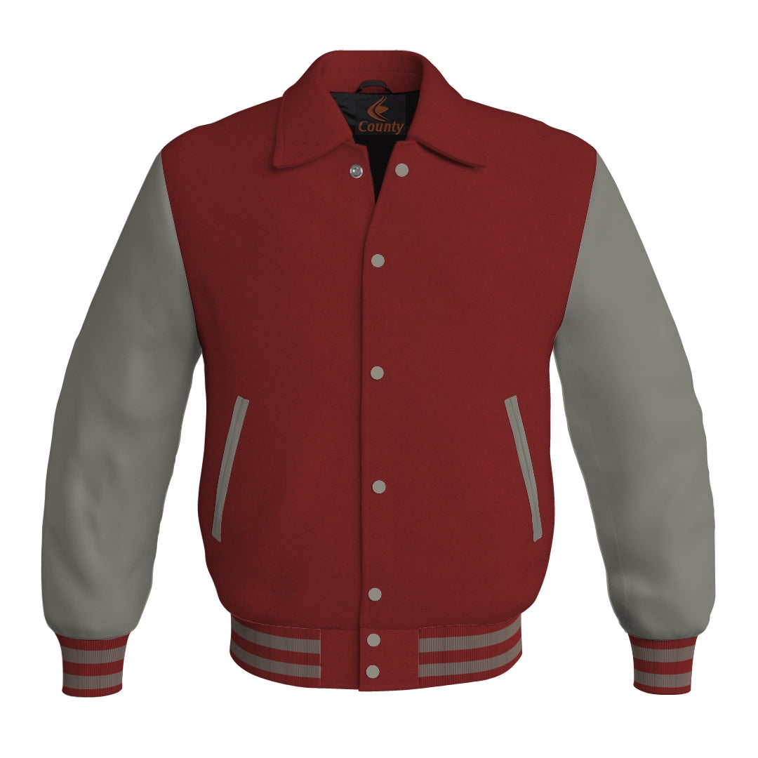 Letterman Varsity Classic Jacket Maroon Body and Gray Leather Sleeves