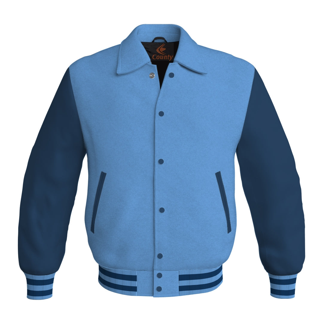 Letterman Varsity Classic Jacket Sky Blue Body and Navy Blue Leather Sleeves