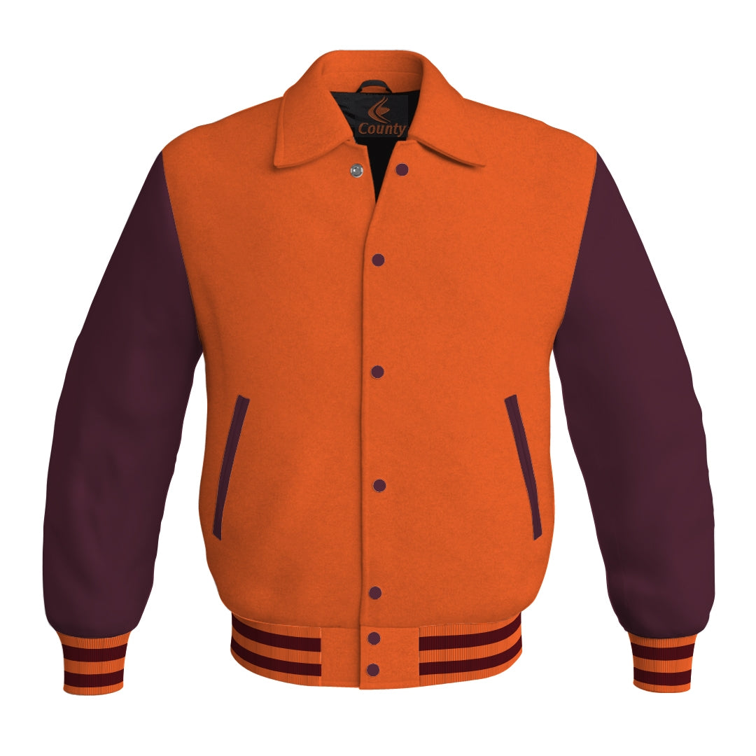 Letterman Varsity Classic Jacket Orange Body and Maroon Leather Sleeves