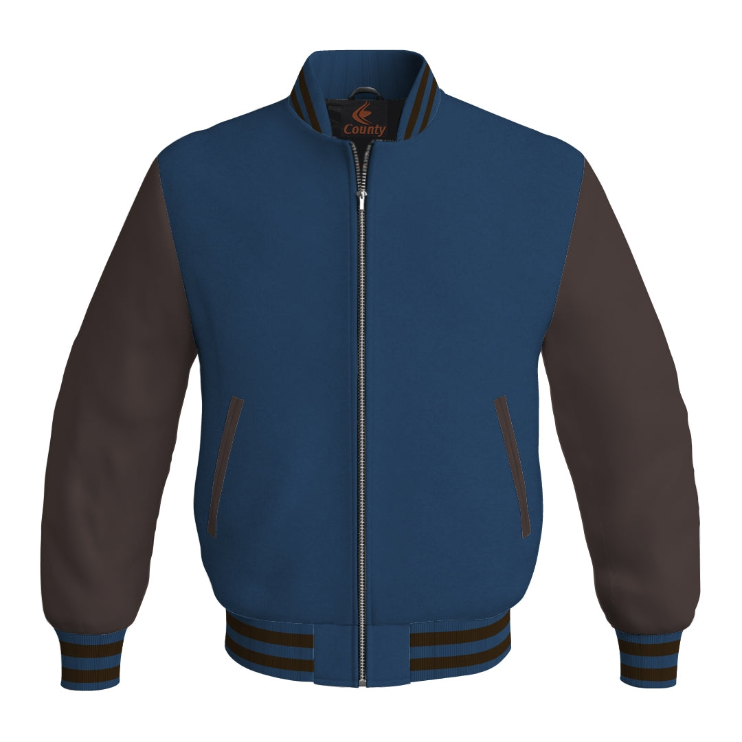 Varsity Jacket Mens Navy Blue Body and Brown Leather Sleeves Bomber Jacket