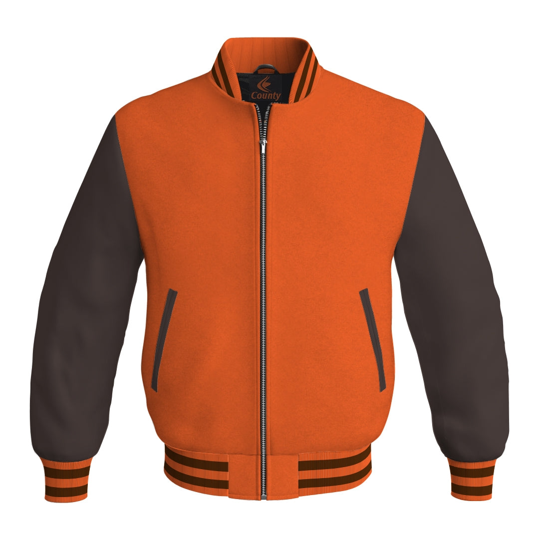 Varsity Jacket Mens Orange Body and Brown Leather Sleeves Bomber Jacket