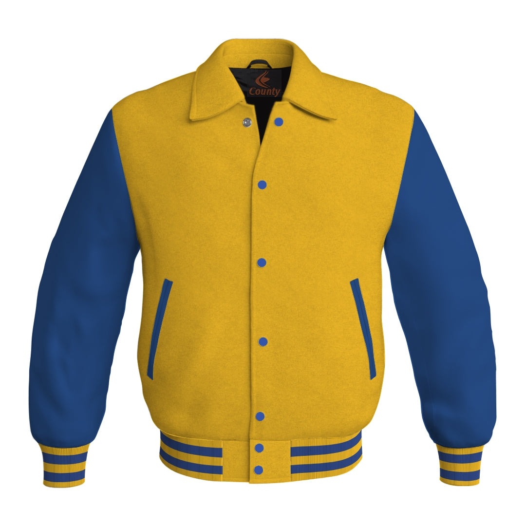 Letterman Varsity Classic Jacket Yellow/Gold Body and Blue Leather Sleeves