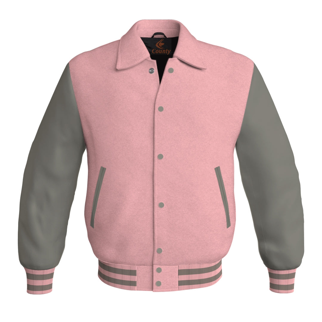 Letterman Varsity Classic Jacket Pink Body and Gray Leather Sleeves