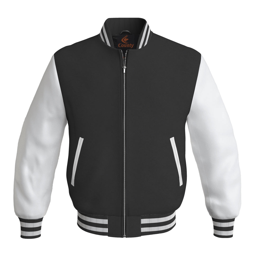 Team Varsity Jackets Black Body and White Leather Sleeves Bomber Jacket