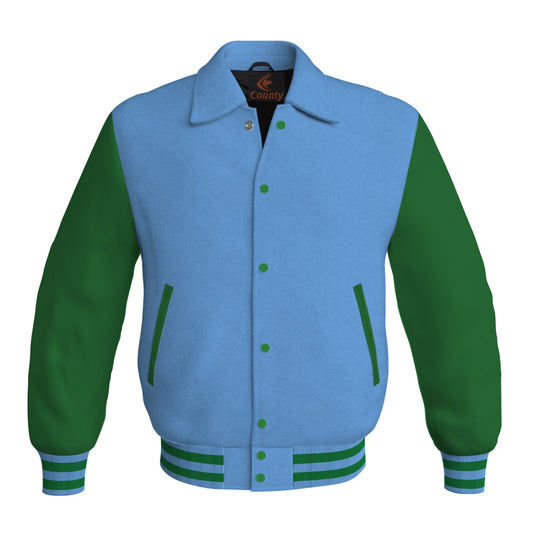 Letterman Varsity Classic Jacket Sky Blue Body and Green Leather Sleeves