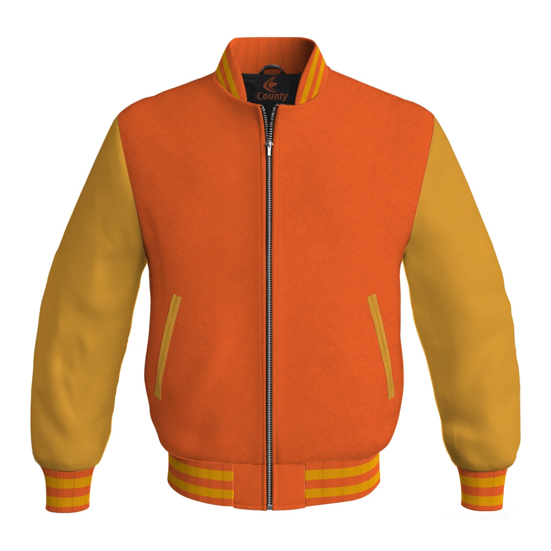 Bomber Jacket Women Orange Body and Gold Leather Sleeves Bomber Jacket