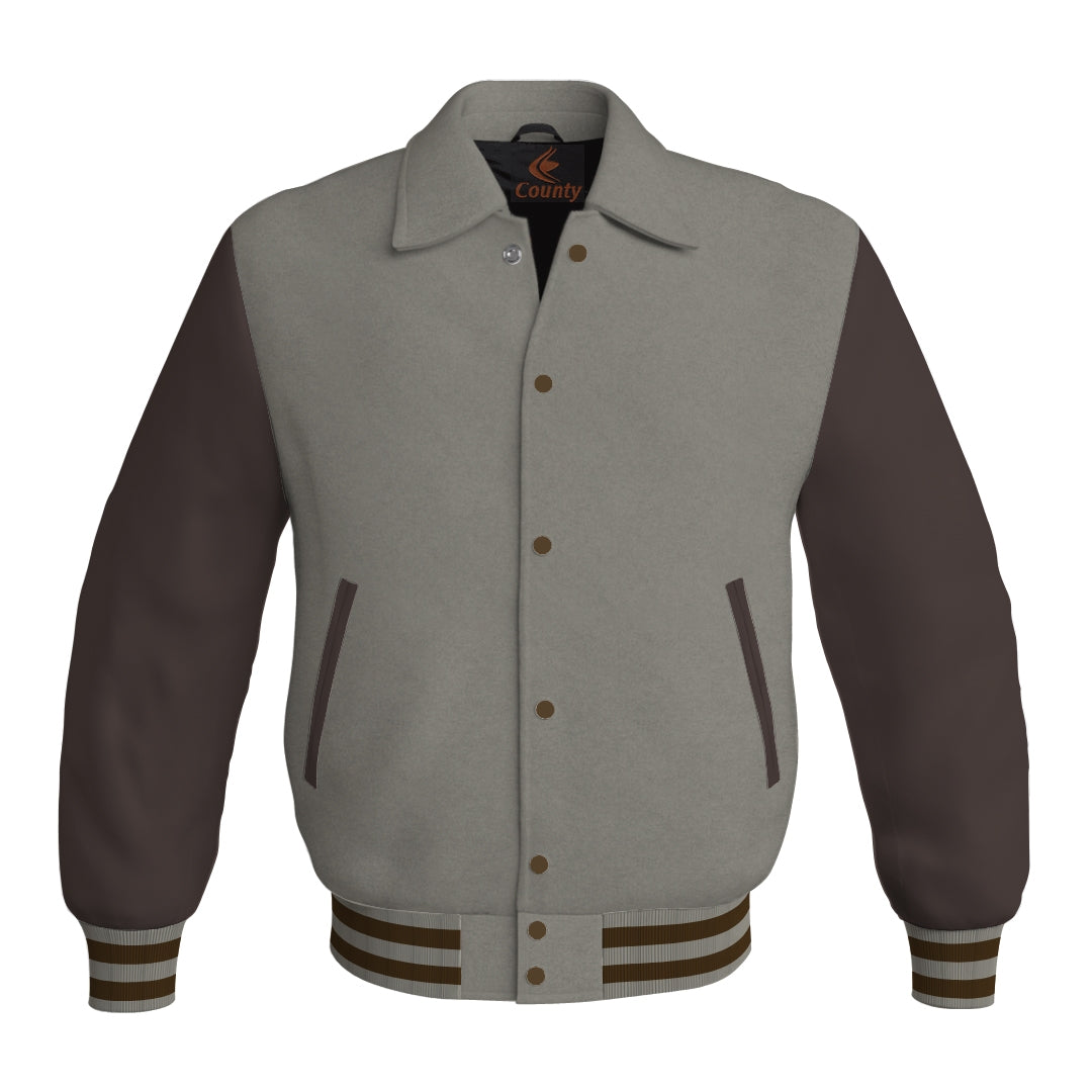 Letterman Varsity Classic Jacket Gray Body and Brown Leather Sleeves