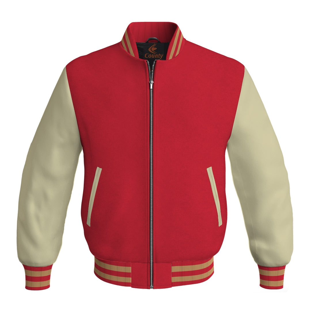 Varsity Jacket Women Red Body and Cream Leather Sleeves Bomber Jacket