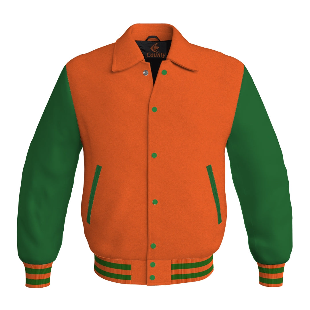 Letterman Varsity Classic Jacket Orange Body and Green Leather Sleeves