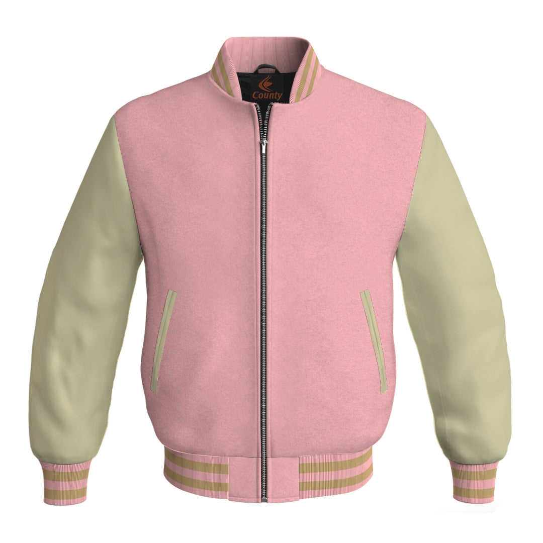 Varsity Jacket Women Pink Body and Cream Leather Sleeves Bomber Jacket