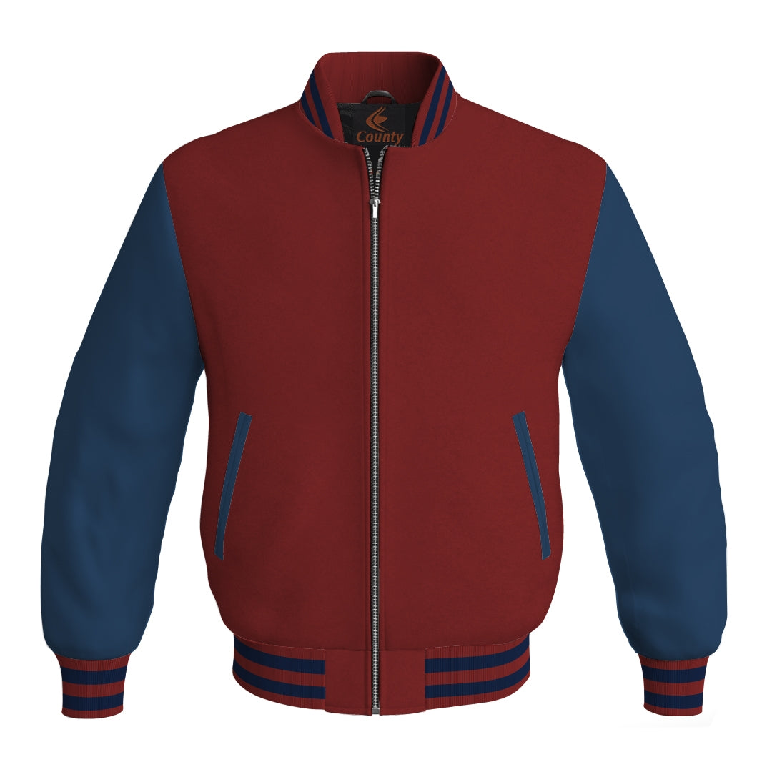 Team Varsity Jackets Maroon Body and Navy Blue Leather Sleeves Bomber Jacket