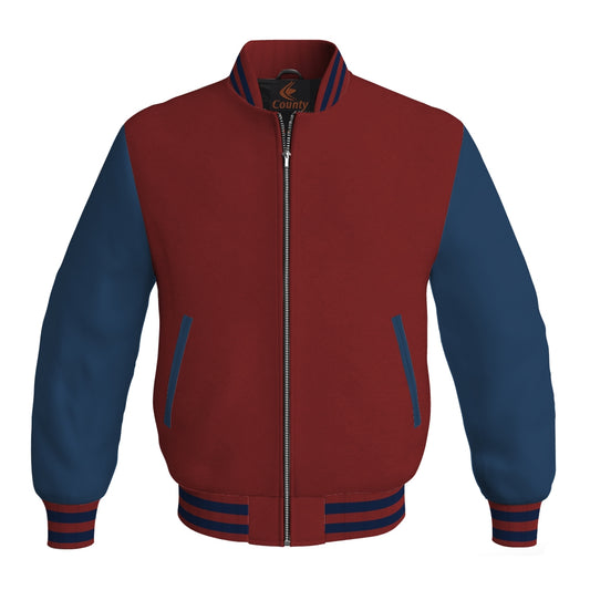 Team Varsity Jackets Maroon Body and Navy Blue Leather Sleeves Bomber Jacket