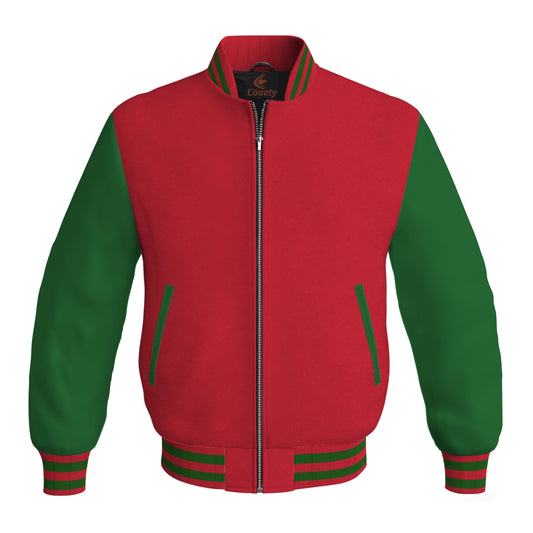 Personalized Varsity Jacket Red Body and Green Leather Sleeves Bomber Jacket