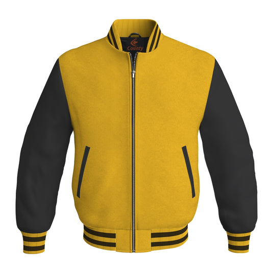 Personalized Varsity Jacket Yellow/Gold Body and Black Leather Sleeves Bomber Jacket