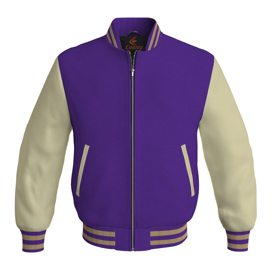 Varsity Jacket Women Purple Body and Cream Leather Sleeves Bomber Jacket