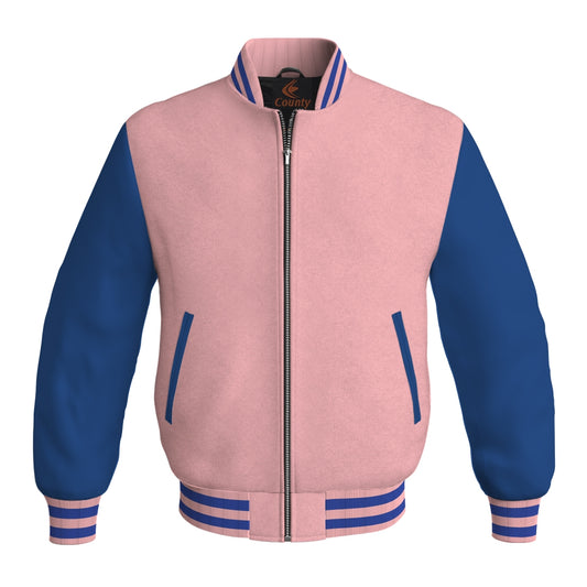 Bomber Jacket Women Pink Body and Blue Leather Sleeves Bomber Jacket